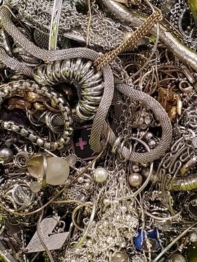 6 Pounds Unsorted Tangled Mixed Jewelry Silver Tone Chains Bracelets Etc.